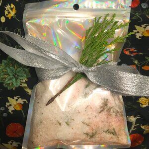 Handmade Yule bath salts with juniper, lavender, frankincense, red sea salt